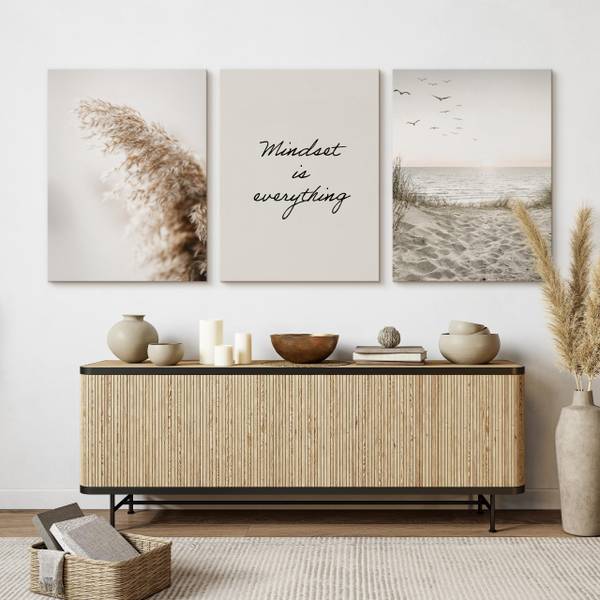 Set De Tableaux Plage Citation Plantes Beige - Noir - Vert - Lin - 90 x 40 x 40 cm