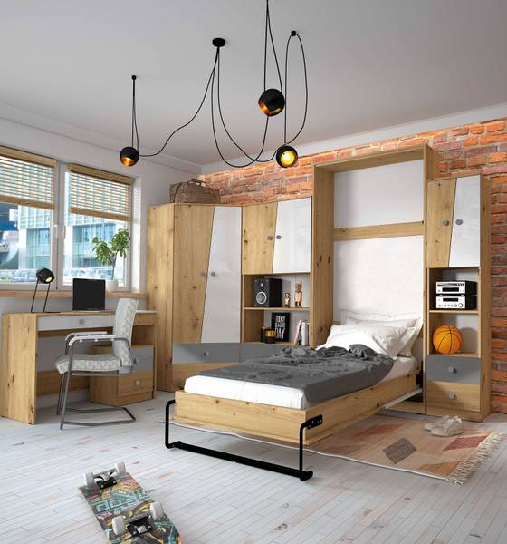 Jugendzimmer-Set NERO 6-teilig Hochglanz Grau - Multicolor - Eiche Dekor