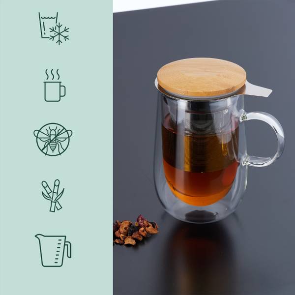 Teeglas mit Sieb und Bambusdeckel Braun - Silber - Borosilikatglas - 9 x 15 x 13 cm