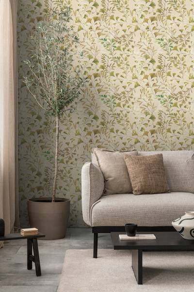 Vliestapete 4846 Blätterranke modern Braun - Creme - Grün - Weiß
