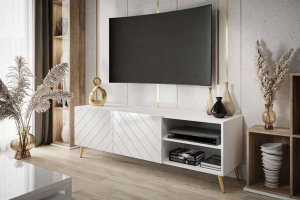 TV - Schrank VIRGINIA Hochglanz Weiß - Gold - Weiß - Höhe: 50 cm