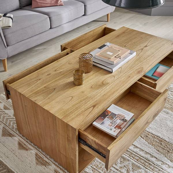 Couchtisch Mindy mit 4 Schubladen Beige - Massivholz - 140 x 45 x 60 cm