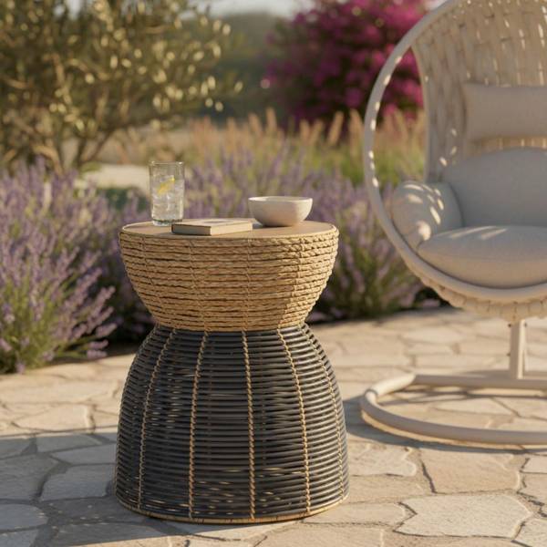 Gartenbeistelltisch NOELIA Beige - Schwarz - Metall - Naturfaser - Kunststoff - Holz teilmassiv - 55 x 45 x 45 cm