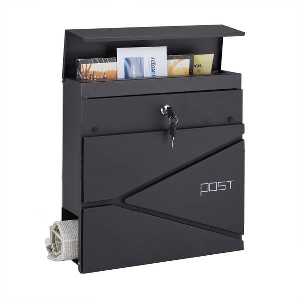 Schwarzer Briefkasten mit Zeitungsfach Schwarz - Stahl - 37 x 37 x 11 cm
