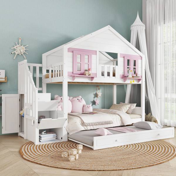 Etagenbett Ava Pink - Weiß - Kiefer - 96 x 211 x 253 cm