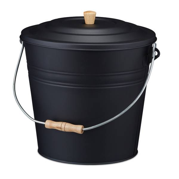 Schwarzer Ascheeimer mit Deckel 12l Schwarz - Braun - Stahl - 36 x 32 x 33 cm