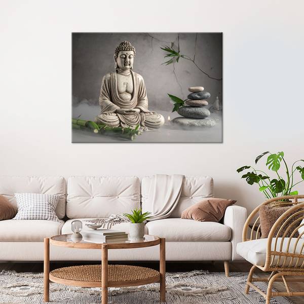 Wandbild Buddha Grau - Polyester - 90 x 60 x 3 cm