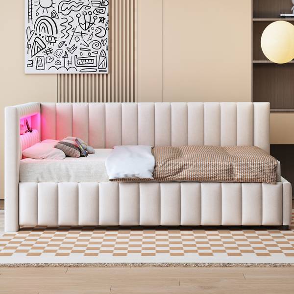 Gestoffeerd Bed Metis Ⅲ beige - velours - grenenhout - staal - 148 x 82 x 200 cm