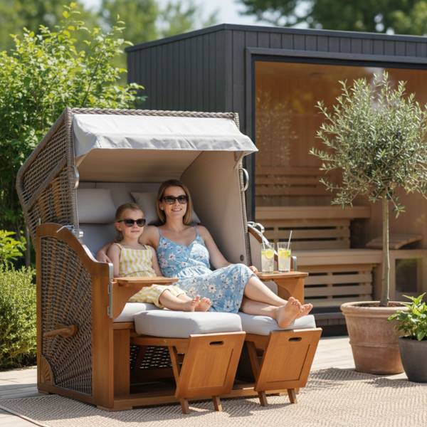 Strandkorb Schleswig 2-Sitzer Grau - Webstoff - 120 x 160 x 80 cm