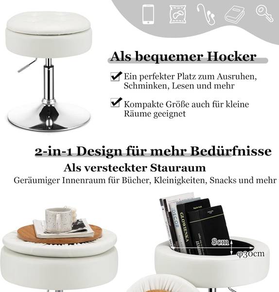 KunstlederDrehhocker höhenverstellbar Weiß - Kunstleder - 41 x 66 x 41 cm