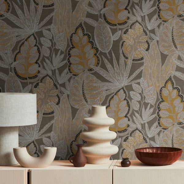 Botanische Vliestapete Pflanzen Braun - Orange - Taupe - Weiß