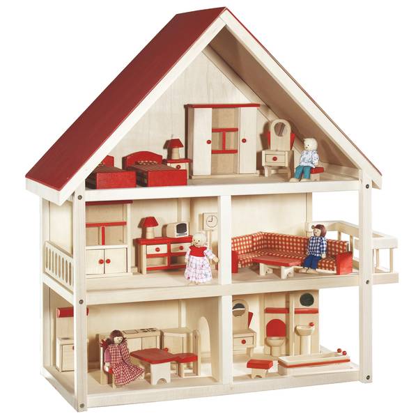Maison de poupées nature/rouge Marron - Bois manufacturé - 70 x 74 x 30 cm