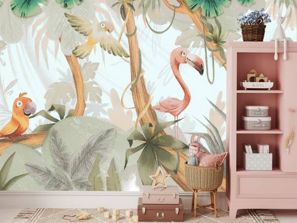 Papier Peint Pour Enfant OISEAUX Plantes Beige - 300 x 210 x 210 cm