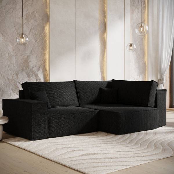 Ecksofa AVION mit Schlaffunktion Schwarz - Armlehne beidseitig montierbar - Ecke davorstehend rechts - Ottomane davorstehend rechts