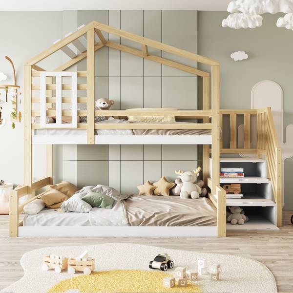 Haus-Etagenbett Uranus Ⅴ Braun - Weiß - Kiefer - 146 x 209 x 253 cm