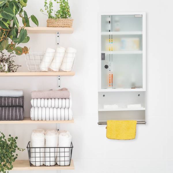 Abschließbarer Medizinschrank Glastür Silber - Weiß - Stahl - 27 x 65 x 12 cm