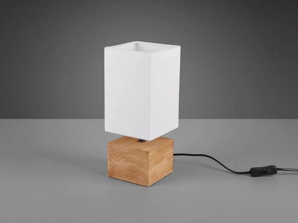 Tischleuchte Holzfuß, Stoffschirm Weiß Holz - Weiß