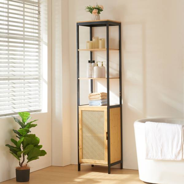 Bad-Hochschrank Tervola Beige - Schwarz - Bambus - Holzwerkstoff - Kunststoff - 40 x 172 x 35 cm