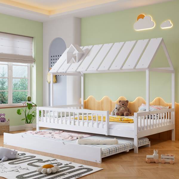 Hausbett mit Rollbett-O2913 Weiß - Massivholz - 169 x 169 x 205 cm