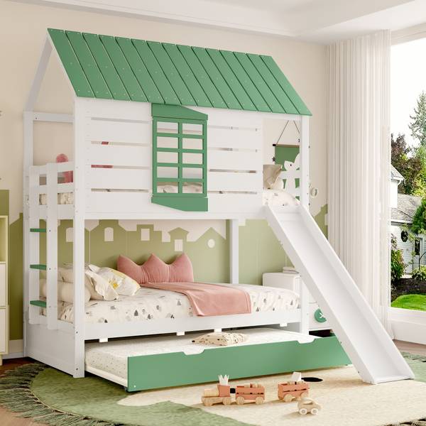 Lit superposé maison Uranus Ⅱ Vert - Blanc - Pin - 237 x 229 x 206 cm