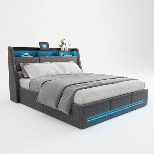 Polsterbett RE-DT01 Grau - Metall - Massivholz - 172 x 116 x 219 cm