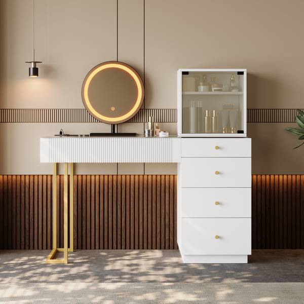 Kaptafel met spiegel GlassGLOW wit - plaatmateriaal op houtbasis - 40 x 120 x 120 cm