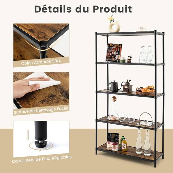 Bibliothèque Étagère JV10678DK Noir - Bois manufacturé - 80 x 154 x 29 cm