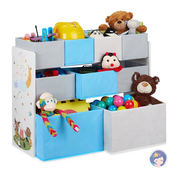 Kinderregal mit Motiv und 9 Boxen Blau - Grau - Weiß - Eisen - 83 x 66 x 30 cm