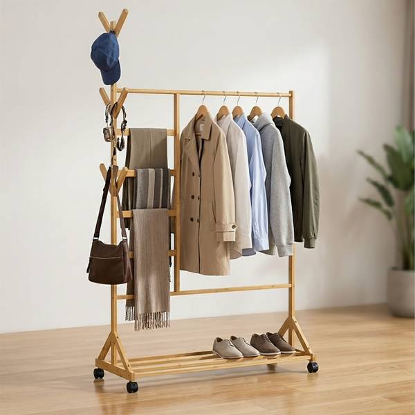 Bambus Kleiderständer mit Rollen Braun - Bambus - Kunststoff - 97 x 171 x 37 cm