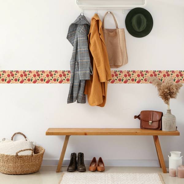 Tapetenbordüre GRANATAPFEL Obst Blätter Beige - Grün - Rot - Weiß - Fleece - 10 x 300 x 300 cm
