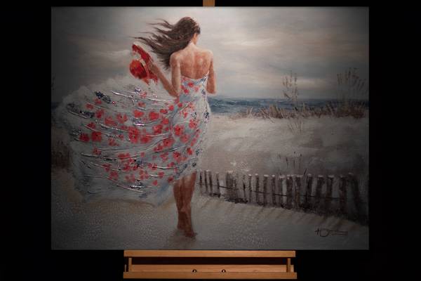 Tableau peint à la main Rivage Elena Marron - Blanc - Coton - 100 x 70 x 4 cm