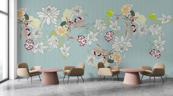 Fototapete Botany 2 Walls by Patel Blau - Grün - Weiß - Fleece - 500 x 250 x 1 cm