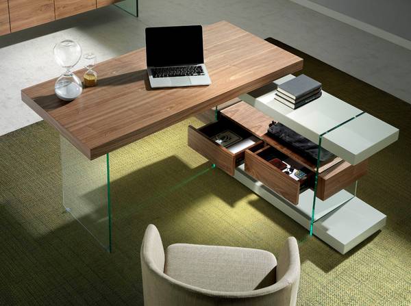 Bureau 3003 Marron - Gris - Noyer - Cristal - Verre de sécurité - 140 x 75 x 127 cm