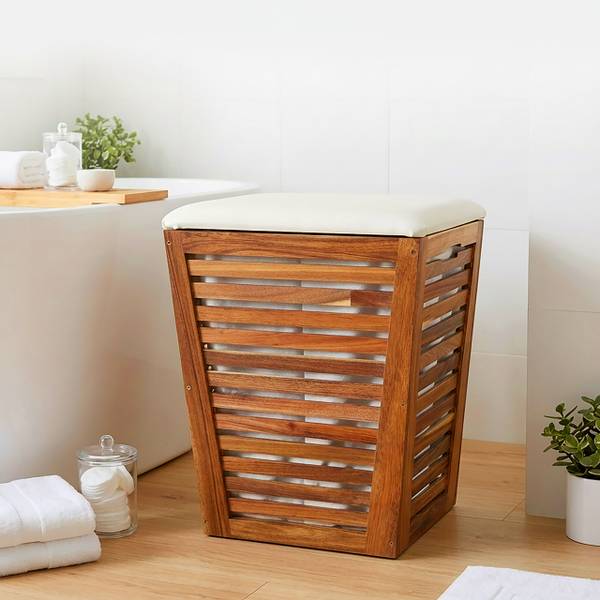 Wäschekorb aus Akazienholz mit Sitz Braun - Weiß - Holzwerkstoff - Textil - 40 x 56 x 40 cm
