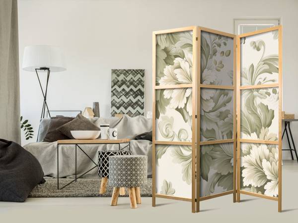 Paravent  Natur Pflanzen Blätter 3-tlg Beige - Grün - Weiß - Holzwerkstoff - Textil - 135 x 172 x 172 cm