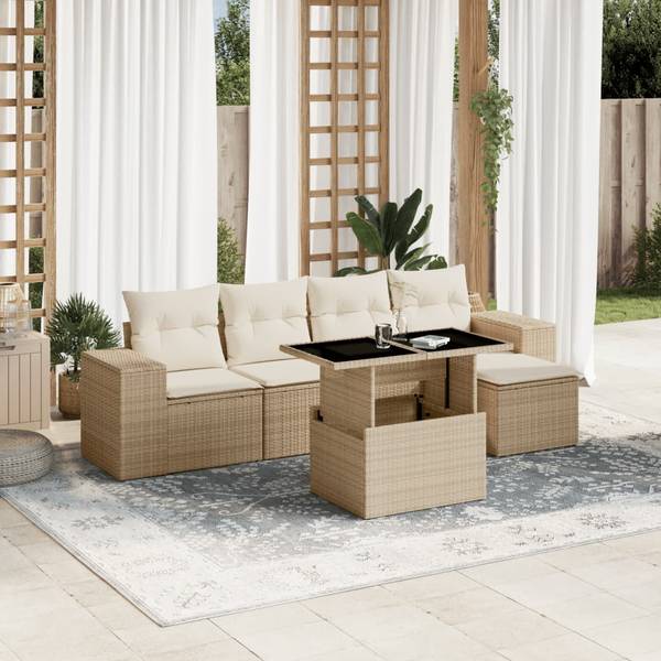 Garten-Lounge-Set 3036915-1 6-teilig Beige - Weiß - Polyrattan - 55 x 69 x 62 cm