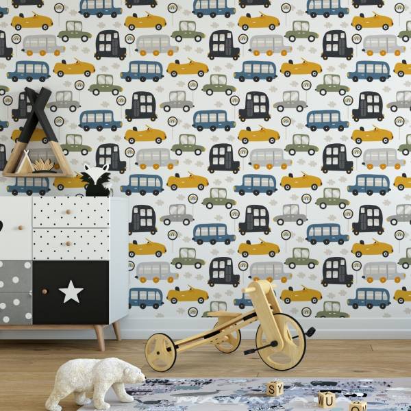 Kinderbehang AUTO'S Verkeersborden blauw - grijs - groen - wit - vlies - 53 x 1000 x 1000 cm
