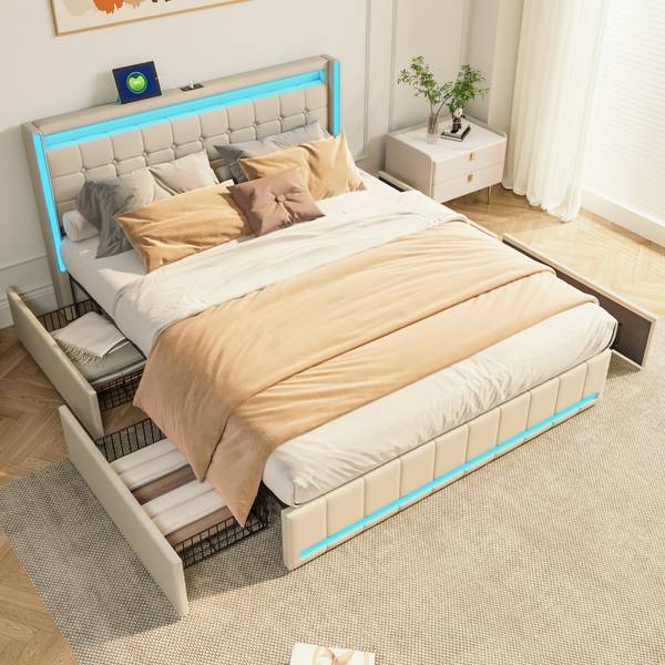 Polsterbett HYF-JY01 Beige - Metall - Massivholz - 188 x 100 x 213 cm