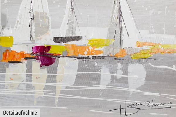 Tableau peint à la main Flotte Voiliers Gris - Coton - 150 x 50 x 4 cm