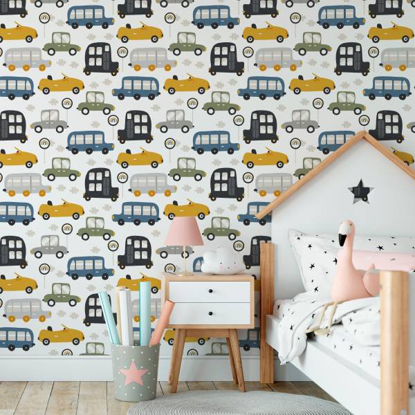 Kinderbehang AUTO'S Verkeersborden blauw - grijs - groen - wit - vlies - 53 x 1000 x 1000 cm