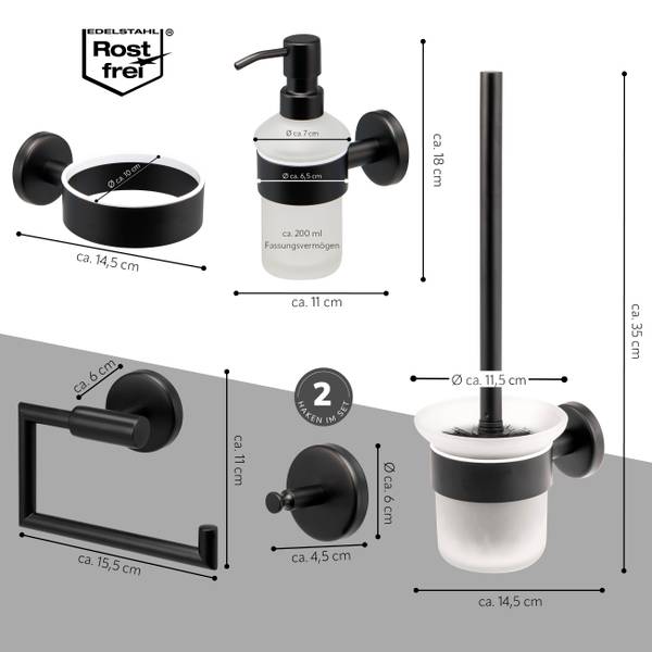 Badzubehör Piazza Black 5er-Set Schwarz - Metall - 15 x 35 x 12 cm