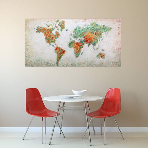 Acrylbild Handgemalt Weltkarte Jec Baumwollstoff - 140 x 70 x 4 cm