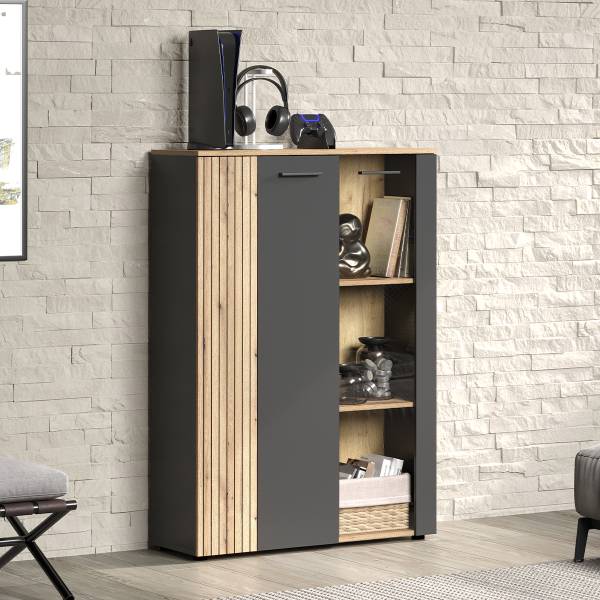 Vitrinenschrank Esteban Grau - Holz teilmassiv - 90 x 132 x 34 cm