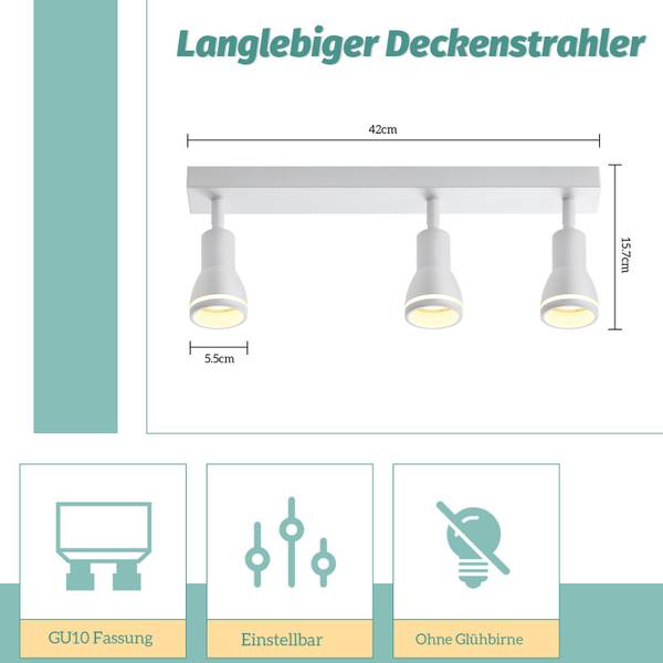 Deckenstrahler Herford Weiß - Metall - 5 x 16 x 42 cm