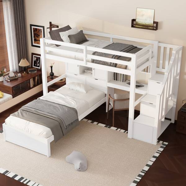 Hochbett Hebe Ⅰ Weiß - Holzwerkstoff - Massivholz - 233 x 120 x 253 cm