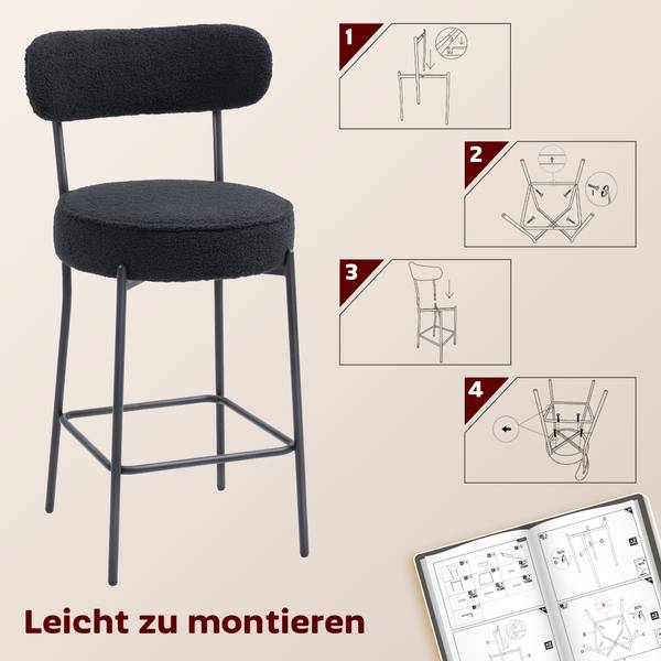 Barhocker 83A-347V00BK 2er Set Schwarz - Fleece - Polyester - 49 x 95 x 52 cm