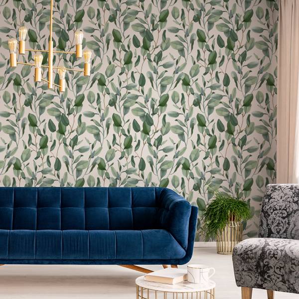 Tapete Eukalyptus BLÄTTER Pflanzen Natur Beige - Grün - Weiß - Fleece - 53 x 1000 x 1000 cm