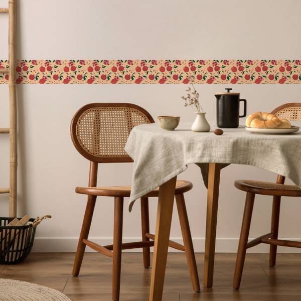 Tapetenbordüre GRANATAPFEL Obst Blätter Beige - Grün - Rot - Weiß - Fleece - 10 x 300 x 300 cm