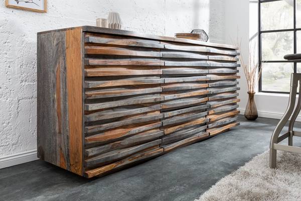 Sideboard RELIEF Braun - Grau - Sheesham - 160 x 75 x 45 cm