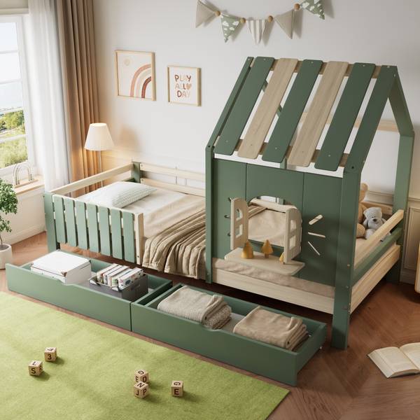 Hausbett Oneiros Ⅲ Grün - Holzwerkstoff - Massivholz - 95 x 152 x 204 cm